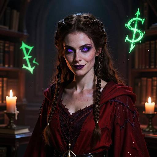 Photograph-style CGI of a pale, dark-haired woman with braids, glowing purple eyes, and dark lipstick, wearing a red robe, surrounded by