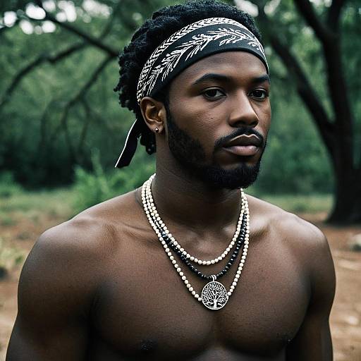 Dark-Skinned Man Wearing Necklace and Headband Outdoors