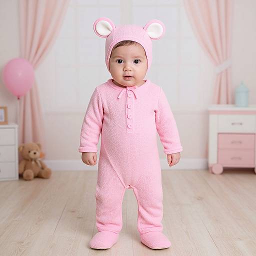 Photograph of a baby in a pink, textured onesie with bear ears, standing in a light pink decorated nursery.