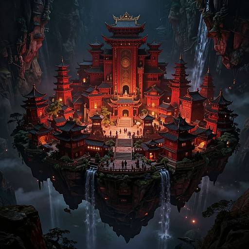 Digital artwork of a glowing, red Chinese temple island with multiple pagodas, surrounded by dark cliffs, waterfalls, and mist. Figures gather at