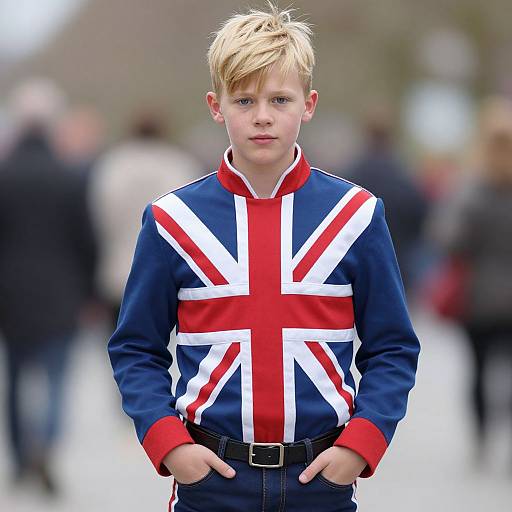 Photograph of a young blonde boy with blue eyes, wearing a navy jacket with a large Union Jack flag design, standing outdoors with hands in pockets,