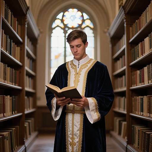 Young Man in Ceremonial Robes in Library