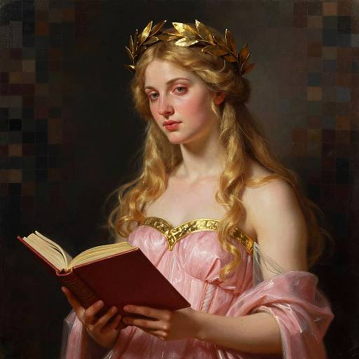Digital painting of a fair-skinned, blonde woman with a golden laurel crown, wearing a pink, off-shoulder gown, reading an open