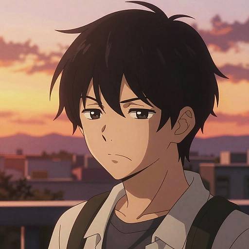 Anime-style digital drawing of a young man with black hair, serious expression, wearing a white shirt and black suspenders, against a sunset sky with purple