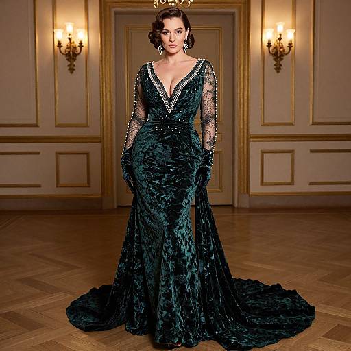 Photograph of a woman in a deep green, velvet, long-sleeved evening gown with a V-neckline, standing in an elegant, warmly