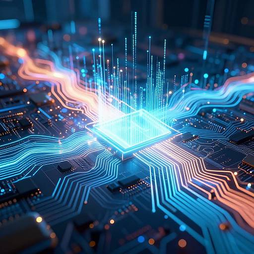 Photograph of a glowing, blue and white digital circuit board with neon lines radiating from a central bright light source.