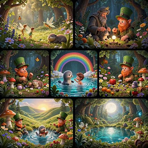 Whimsical digital illustration of a leprechaun with a red beard and green hat interacting with a fairy, baby, and frog in a vibrant