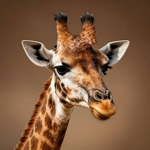 Photograph of a close-up giraffe head with brown and white patterned fur, large ears, and tufted ossicones against a blurred