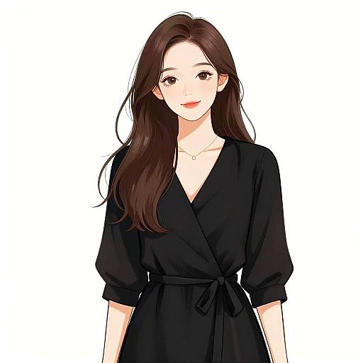 Digital anime-style drawing of a smiling young woman with long brown hair, wearing a black V-neck dress with a tied belt, against a white background.