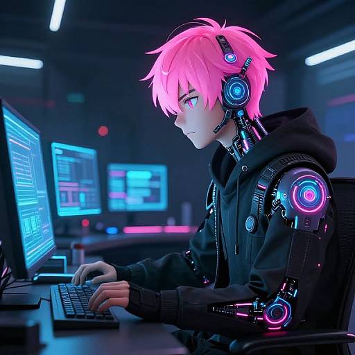 Neon-pink haired anime boy with cybernetic arm and headset, focused on glowing blue computer screens in a dark, futuristic room.