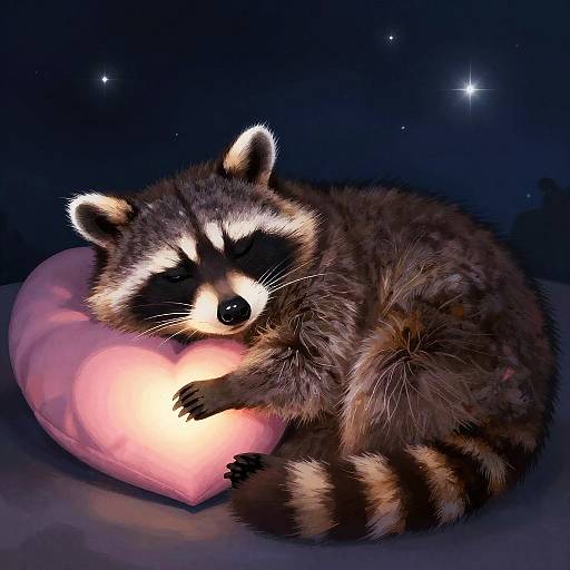 Digital illustration of a cute, fluffy raccoon curled up on a glowing pink heart-shaped pillow in a dark, starry night.