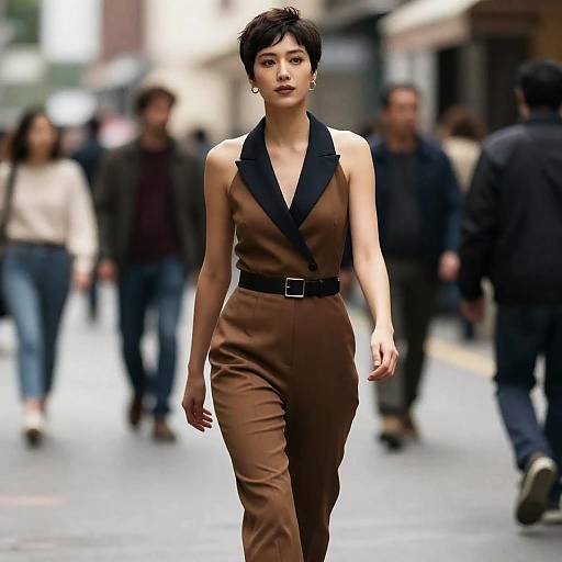 Photograph of an Asian woman with short black hair, wearing a brown sleeveless jumpsuit with black collar and belt, confidently walking down a busy urban