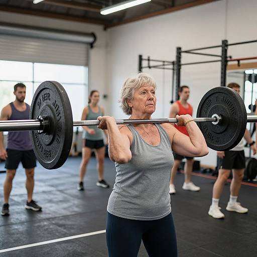 Photograph of an elderly woman with short gray hair, lifting a heavy barbell in a gym, surrounded by younger, fit individuals.