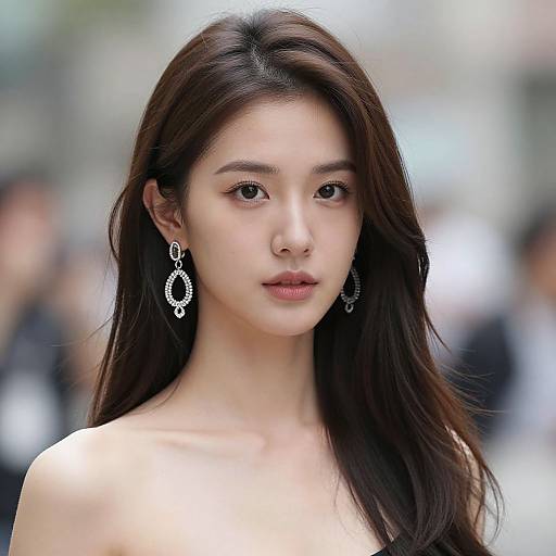 Photograph of an Asian woman with long, dark brown hair, fair skin, and delicate features, wearing elegant, silver hoop earrings, in a blurred