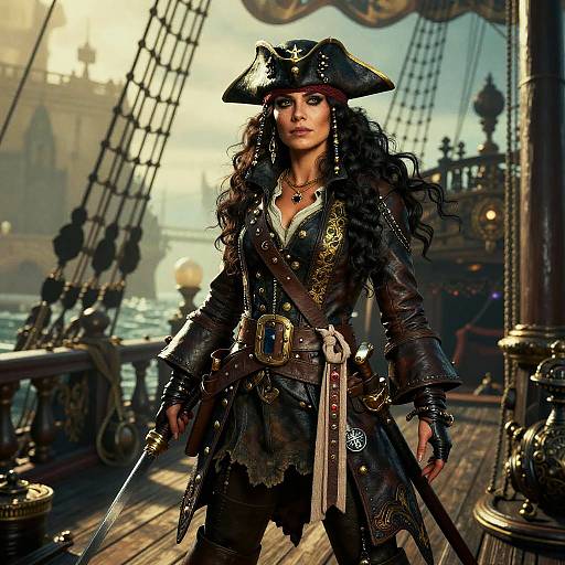 Photorealistic digital painting of a fierce, curly-haired woman in a pirate outfit, standing on a sunlit wooden ship deck with rigging and ocean