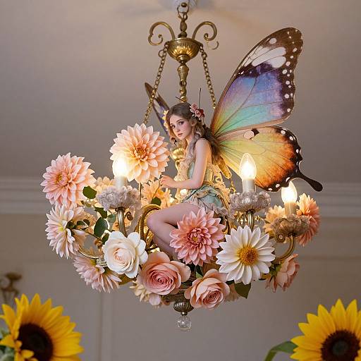 Photograph of a fair-skinned fairy with brown hair, wearing a floral dress, perched on a butterfly-shaped chandelier adorned with pink and white