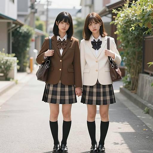 Two Japanese schoolgirls in uniform holding hands