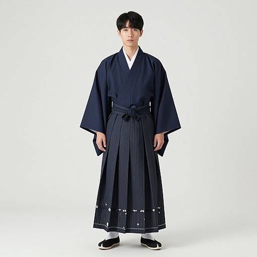 Photograph of a young Asian man in a navy blue traditional Japanese kimono with a white collar, standing against a white background.