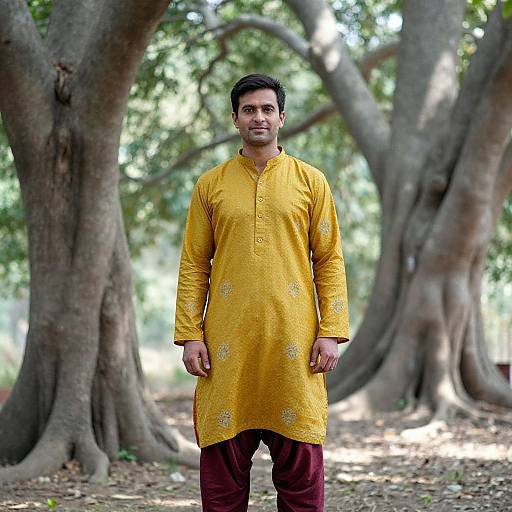 Photograph of a young South Asian man with short black hair, wearing a yellow embroidered kurta and maroon pants, standing in a sunlit,