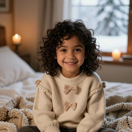 Photograph of a smiling young girl with curly black hair, wearing a cream knitted sweater with bow details, sitting on a cozy bed with white and