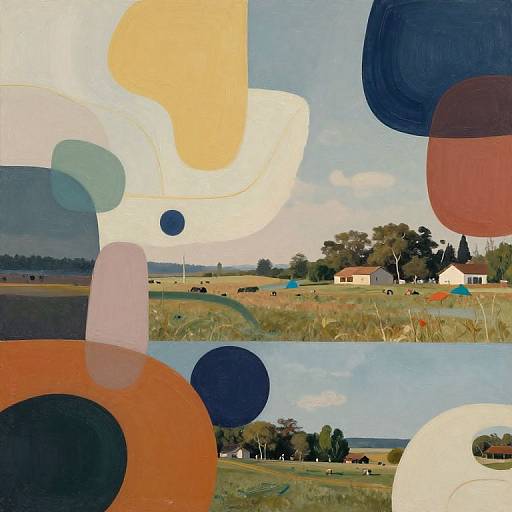 Abstract painting of rural landscape with colorful geometric shapes (orange, white, blue, red) overlaying fields, houses, and trees under a clear sky