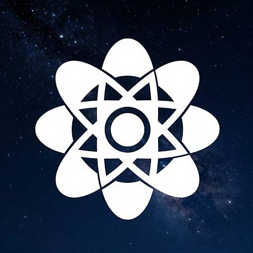 Digital artwork of a white, symmetrical, atomic symbol against a dark, starry space background, resembling a glowing, cosmic flower.