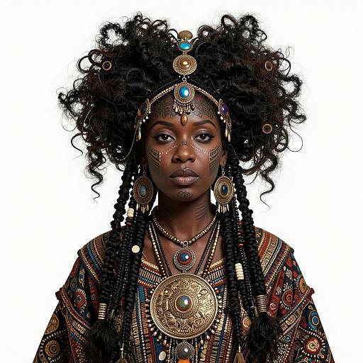Photograph of a dark-skinned African woman with large, curly afro, adorned with intricate gold jewelry and colorful patterns, wearing a traditional, orn