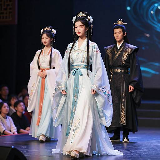 Photograph of three Asian performers in traditional white and black Korean hanbok with floral hairpieces, walking on a stage under bright lights.