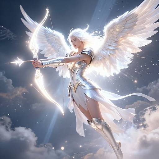 Digital artwork of a radiant, white-winged angel with flowing silver armor and a glowing bow, shooting a star against a cloudy sky.