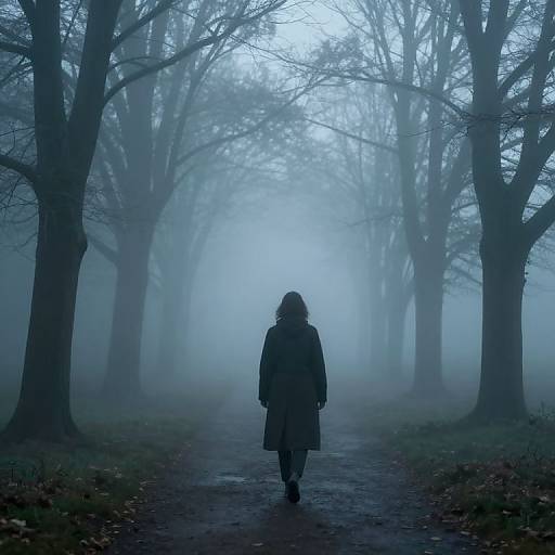 Photograph of a solitary figure in a dark coat walking down a misty, fog-covered forest path flanked by bare trees.