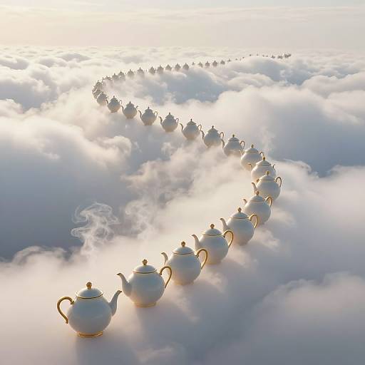 Photorealistic image of a curved row of white teapots with gold trim floating above a bright, sunlit cloud layer.