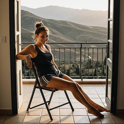 Smiling Woman Lounging on Balcony Chair at Golden Hour