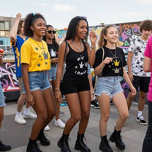 Photograph of three smiling Black teenage girls in yellow and black graphic tees, denim shorts, and black boots, walking outdoors with colorful graffiti in the
