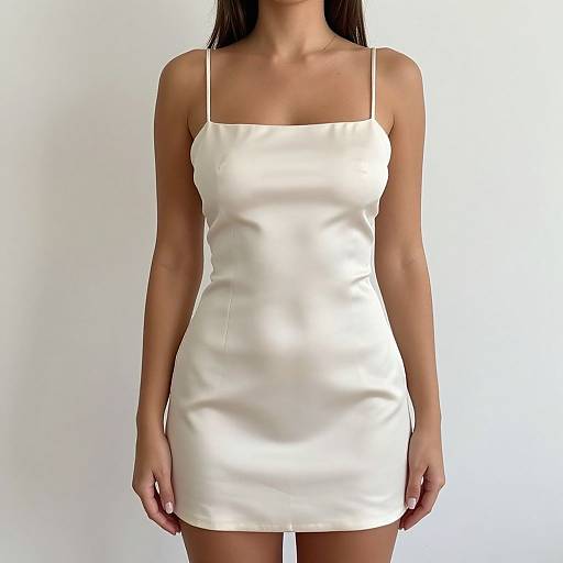 Photograph of a woman in a tight, white, spaghetti-strap mini dress, standing against a plain white background, arms by her sides.