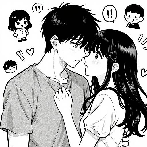 Black-and-white manga-style drawing of a boy and girl with long hair, sharing a tongue kiss. Smiling chibi characters with exclamation marks surround