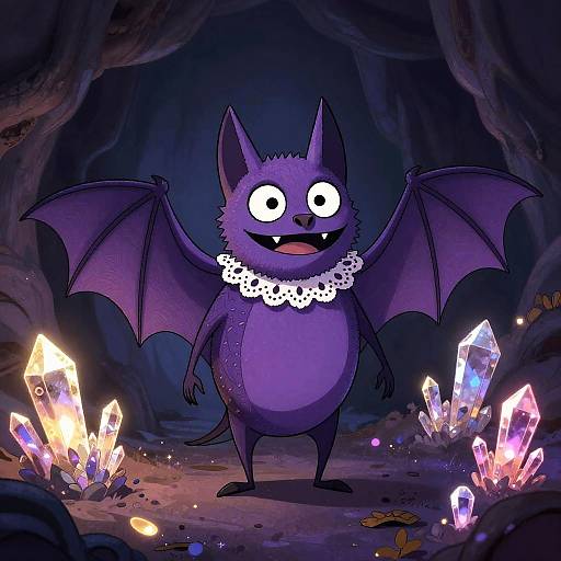 Digital cartoon of a cheerful, purple bat with white ruffled collar, standing in a dark cave with glowing, colorful crystals.