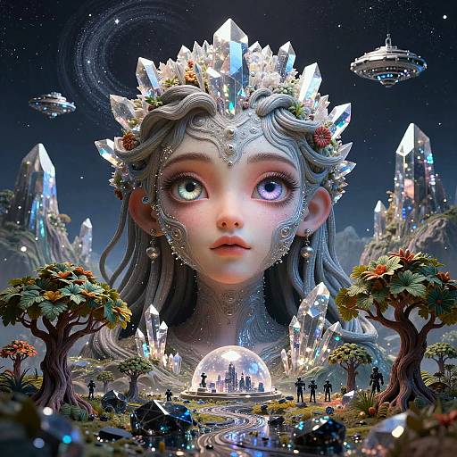 Digital artwork of a wide-eyed, ethereal girl with silver hair, crystal crown, and glowing eyes, surrounded by futuristic floating cities and crystal formations in