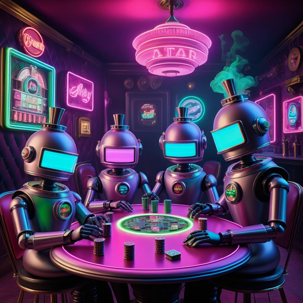 Whimsical Robots in Neon Poker Scene