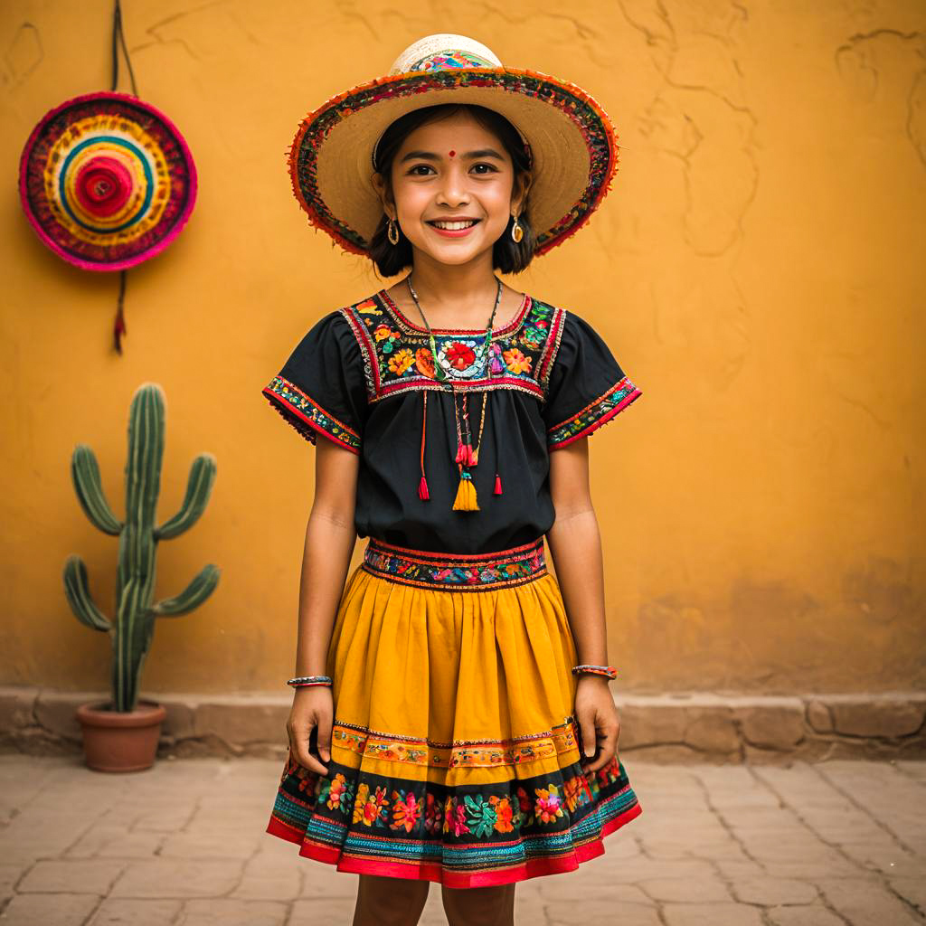 Cheerful Mexican Girl in Vibrant Attire