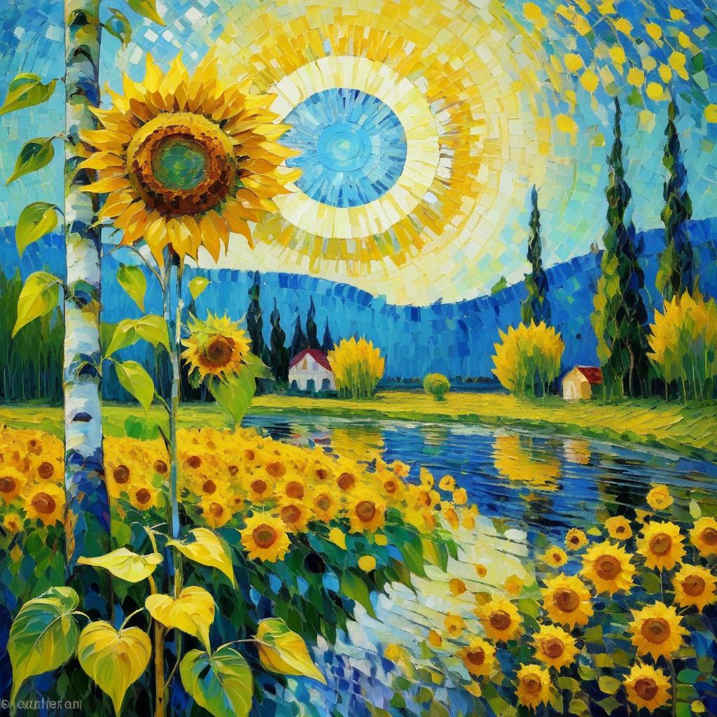 Surreal Sunflower and Birch Tree Scene