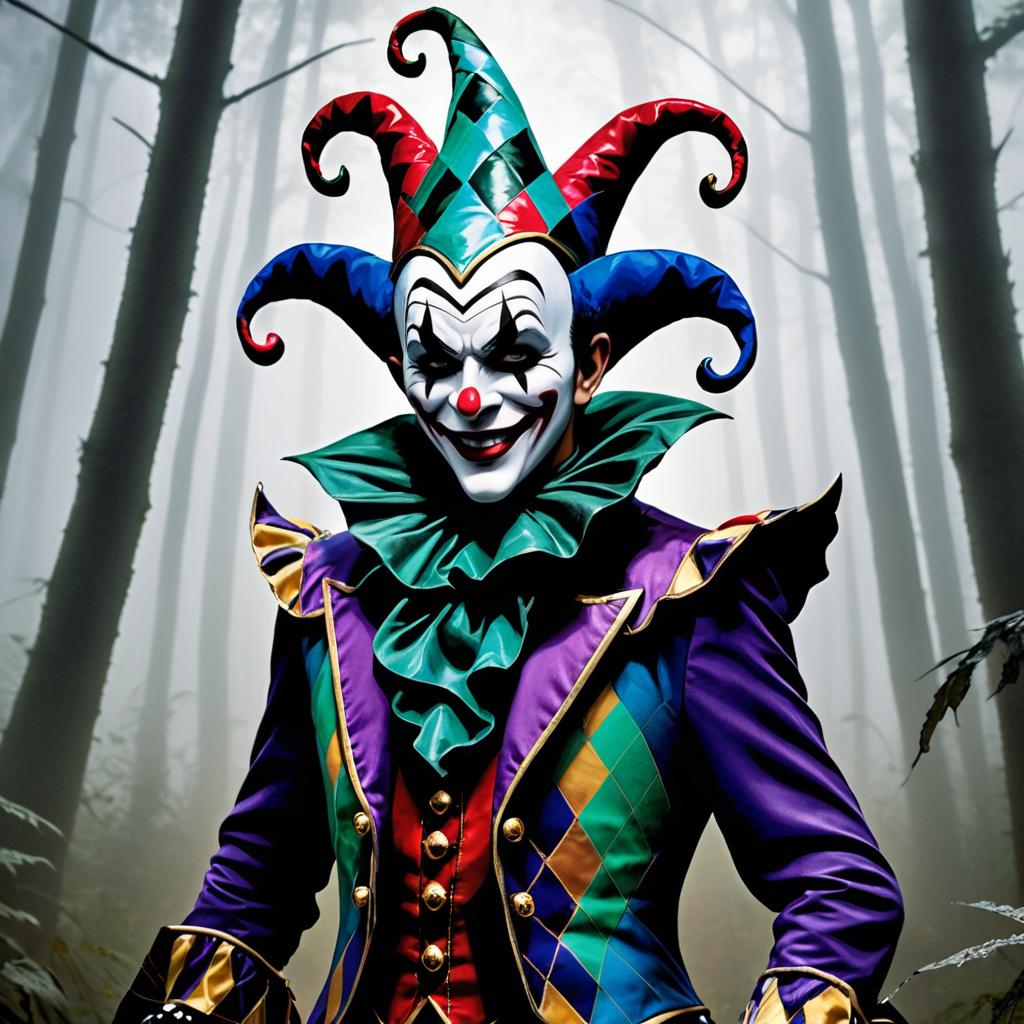 Sinister Jester in Foggy Forest