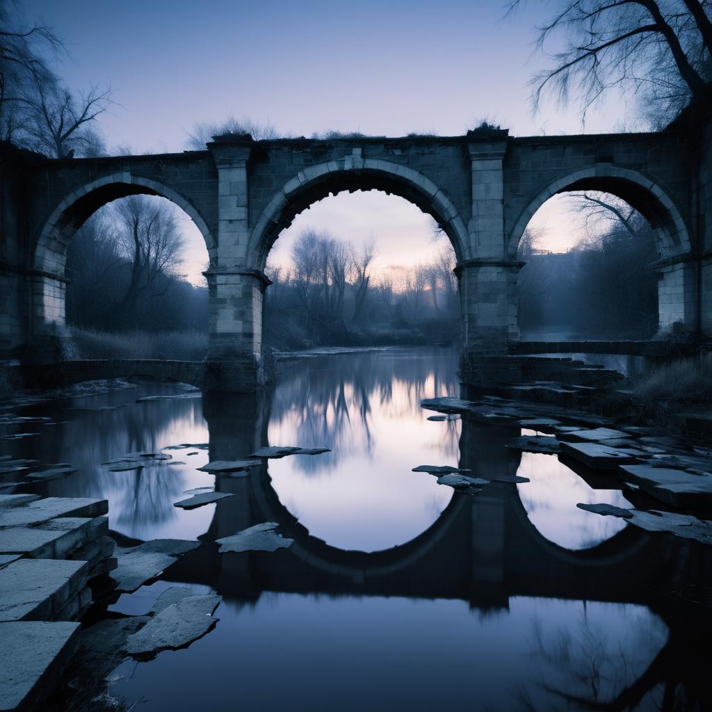 Haunting Dusk at a Crumbling Bridge