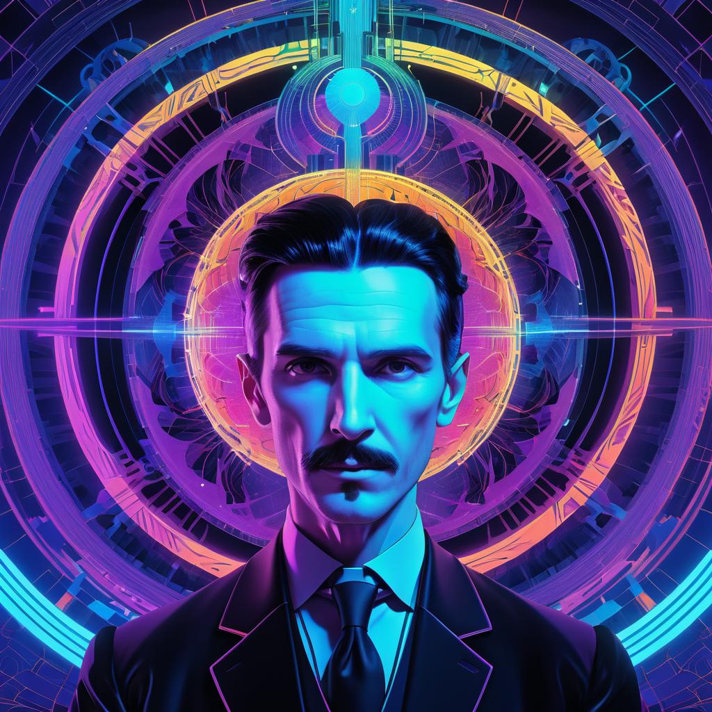 Vibrant Symmetrical Portrait of Nikola Tesla