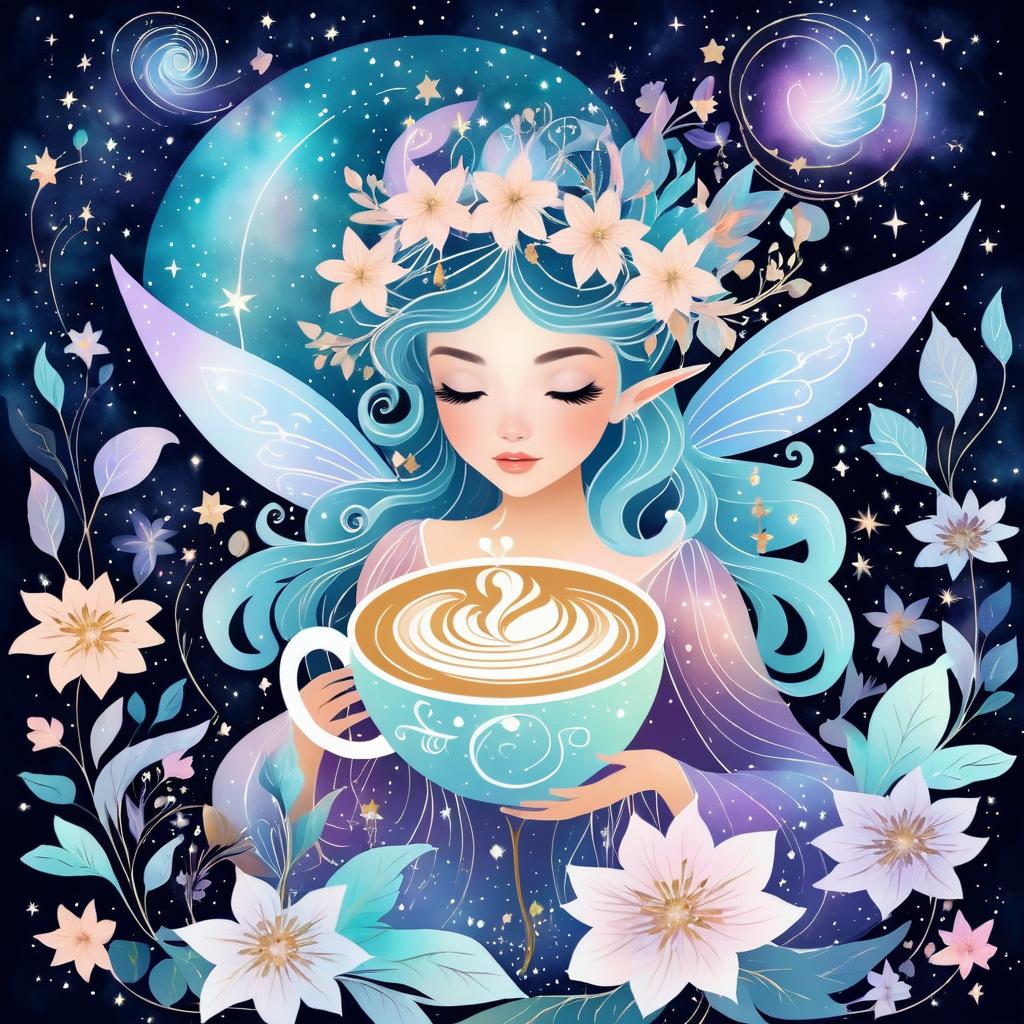 Galactic Coffee Fairy in Enchanted Garden