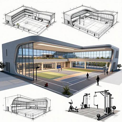 CGI architectural render of a modern, curved glass building with a sports court, detailed sketches, and gym equipment in the foreground.