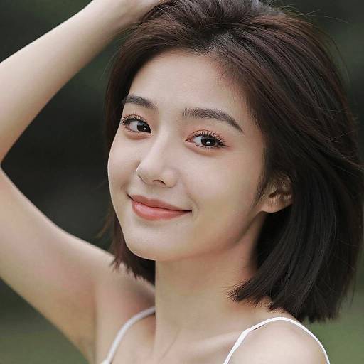 Photograph of a young Asian woman with fair skin, short black hair, and brown eyes, smiling softly, wearing a white tank top, with a