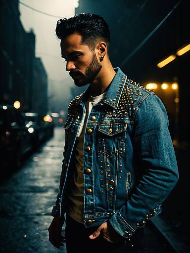 Stylish Man in Studded Denim Jacket