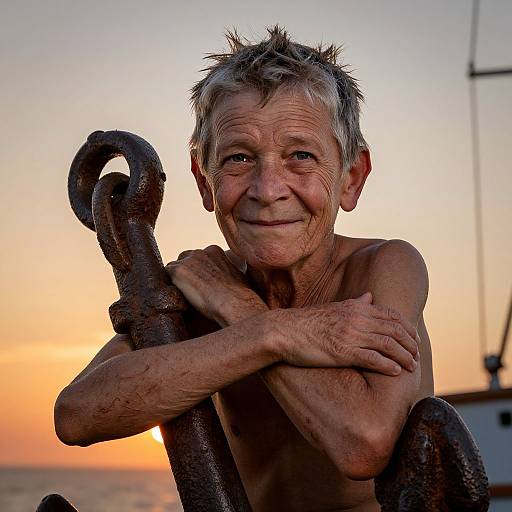 Photograph of an elderly, shirtless man with short, spiky gray hair, smiling, hugging a rusty anchor at sunset by the sea.
