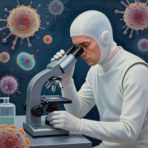 Scientist in white suit and helmet, intensely observing microorganisms with microscope, surrounded by colorful, detailed virus-like particles. Digital art.
