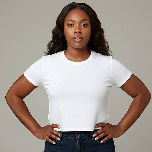 Photograph of a confident Black woman with long black hair, wearing a white t-shirt and black jeans, standing against a plain gray background with hands on